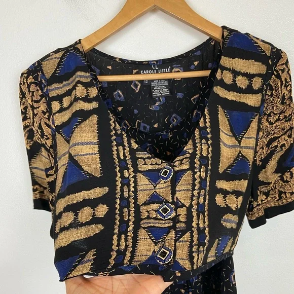 Carole Little 90s Pleated Maxi Dress Sz 12 Tribal Boho Whimsigoth V-Neck VTG USA - Picture 4 of 12